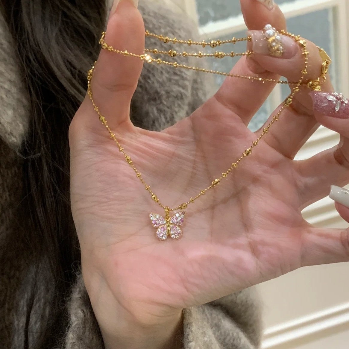 Pure Silver S925 Spring Gradient Pink Butterfly Brushed Craft Double-Sided Necklace Simple Versatile