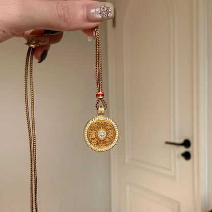 Pure Silver S925 Chinese Style Compass Rotatable Brown Rope Sweater Chain New Year Series