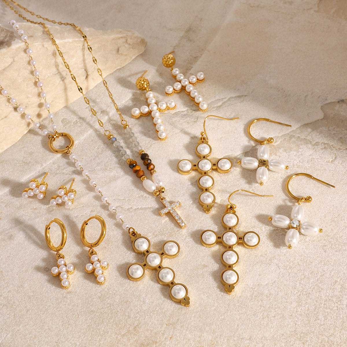 Jewelry Stainless Steel Pearl Necklace Cross Earrings High-end Ins Earrings Titanium Steel Earrings for Women