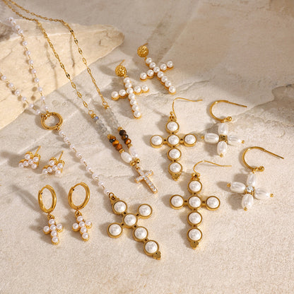 Jewelry Stainless Steel Pearl Necklace Cross Earrings High-end Ins Earrings Titanium Steel Earrings for Women