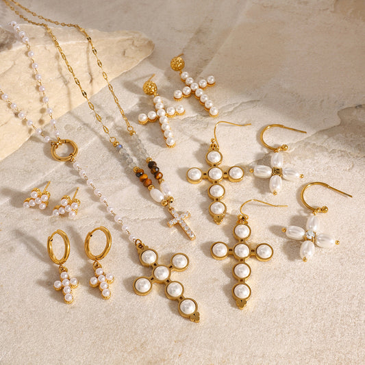 Jewelry Stainless Steel Pearl Necklace Cross Earrings High-end Ins Earrings Titanium Steel Earrings for Women