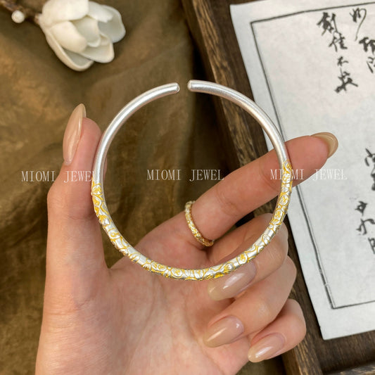 Pure Silver 9999 Sterling Silver Light Luxury Gold Cherry Blossom National Style New Chinese Style Bracelet Personalized Gold Handmade Gold Light Luxury