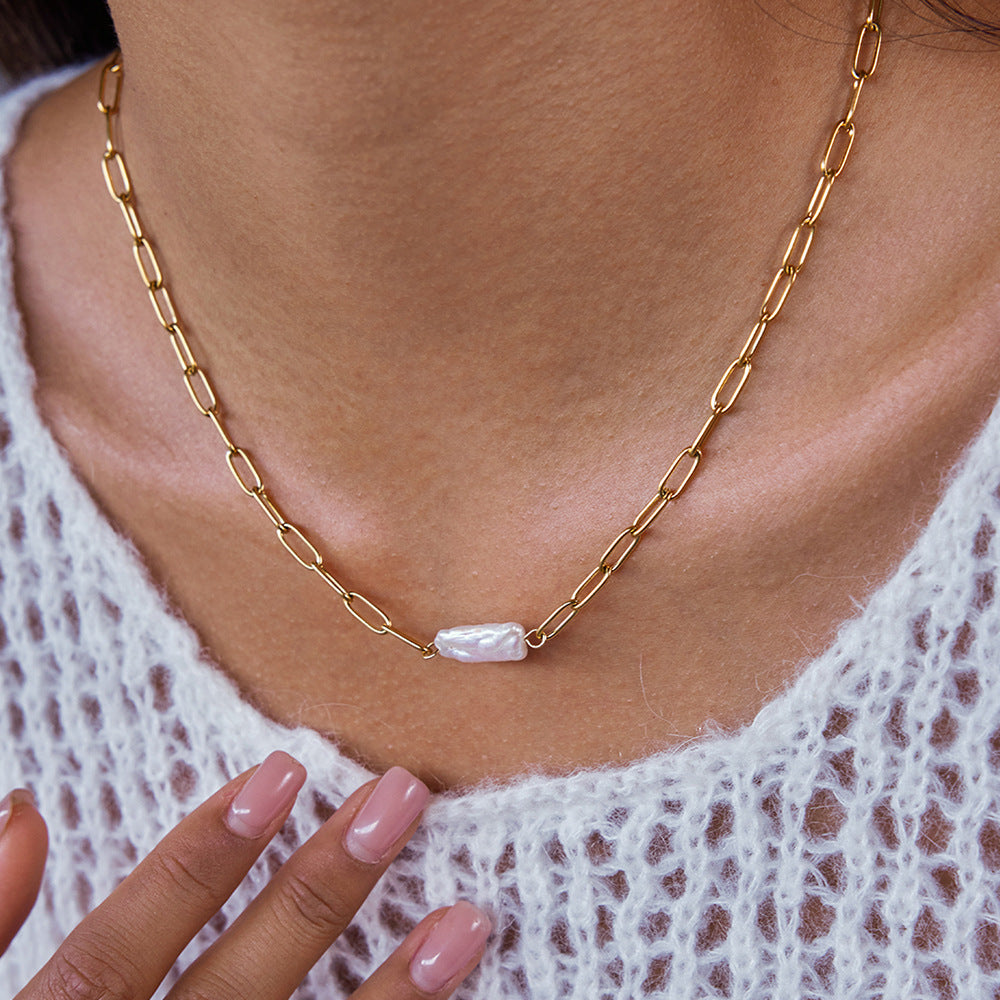 Paperclip Freshwater Pearl Necklace Light Luxury High-end Clavicle Chain Stainless Steel Jewelry Zircon Jewelry