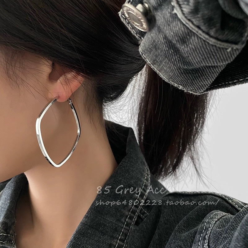 French Style High-End Feel Pure Silver S925 Rhombus Square Hoop Earrings Heavy Craft Exaggerated Fashion Personality