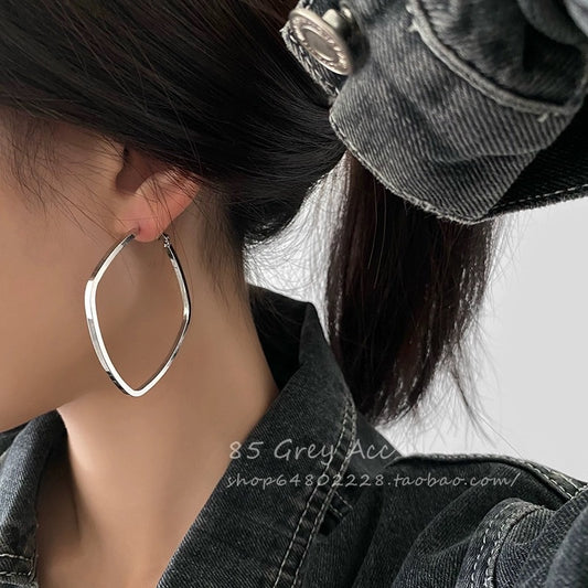 French Style High-End Feel Pure Silver S925 Rhombus Square Hoop Earrings Heavy Craft Exaggerated Fashion Personality