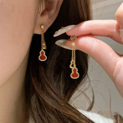 New Chinese Style Red Agate Double Gourd Tassel Earrings Exquisite High-end Sense Elegant Fashion Versatile Fortune Hollow Earrings