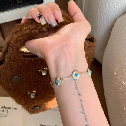 Vintage Brushed Craft Blue Turquoise Daisy Necklace Bracelet Set High-end Unique Personality Design