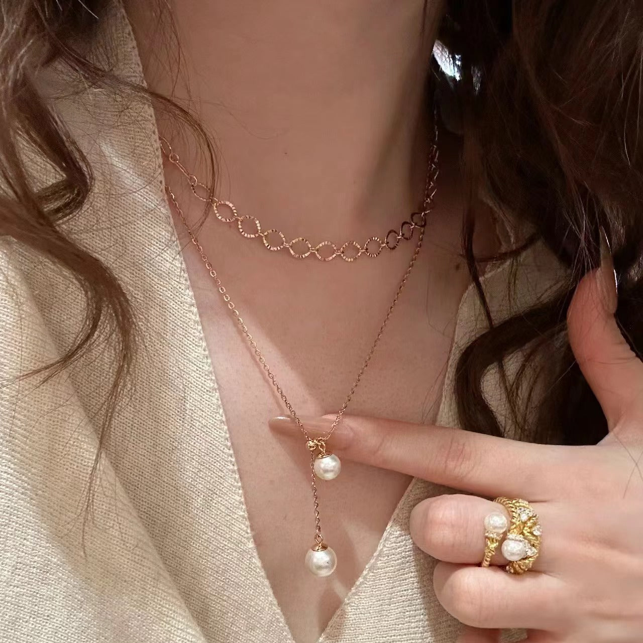 Italian Vintage Brushed Light Luxury High-End Jewelry 925 Sterling Silver Real Gold Plated Shijia Pearl Collarbone Chain New