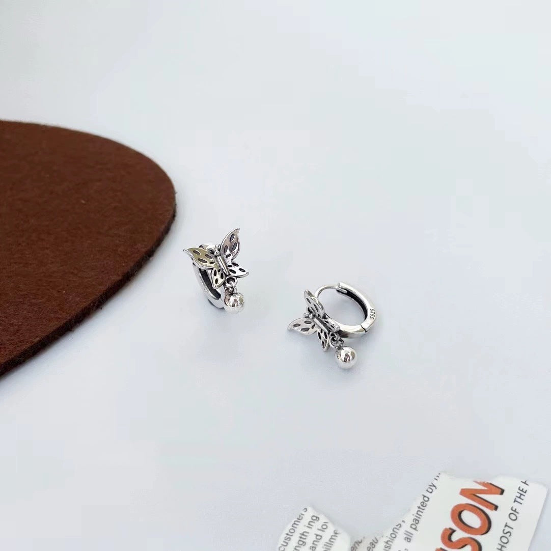 Pure Silver S925 Hollow Butterfly Dangle Ball Earrings Fashion Simple Korean Style Ear Clips Shiny Ear Jewelry