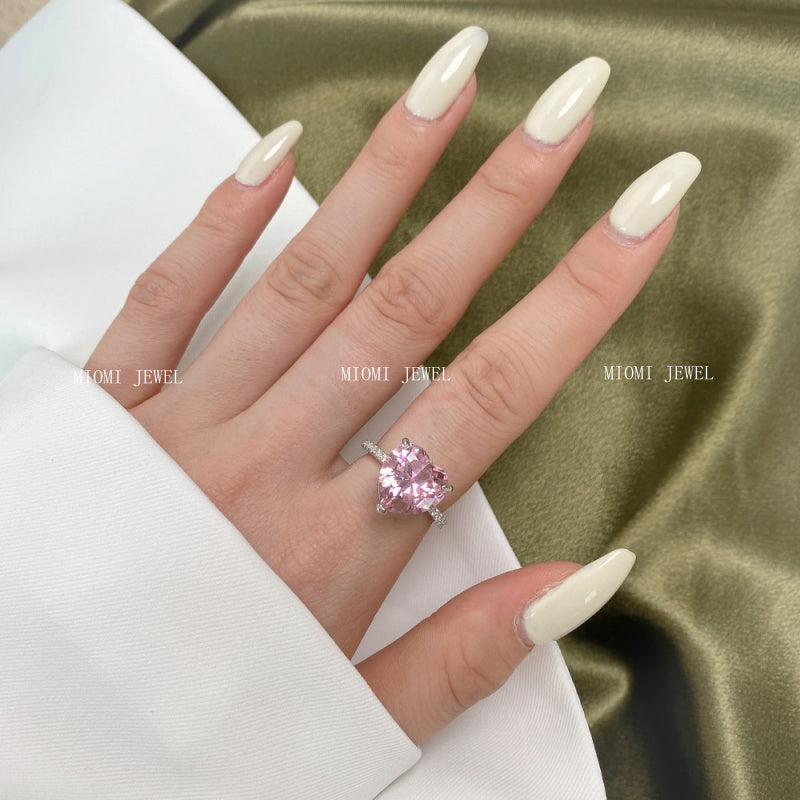 S925 Sterling Silver Ring Inlaid with Pink Water Drop Heart Zircon Ring Row Diamond Ring Pink Diamond Ring