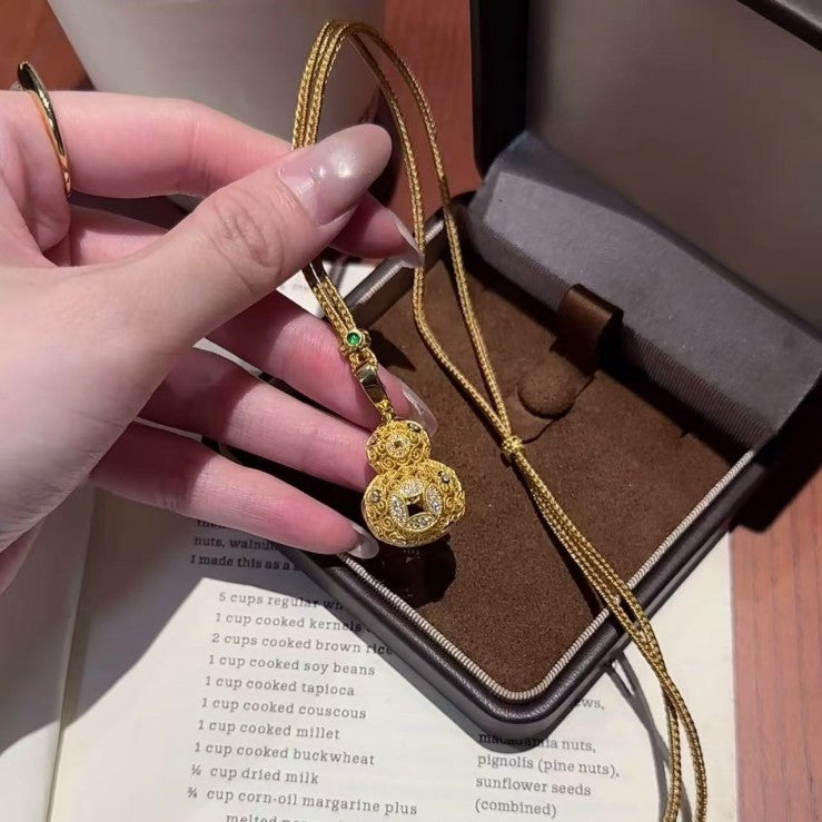 Sterling Silver S925New Chinese Style National Style Filigree Gourd Brown Rope Sweater Chain Light Luxury Fashion Versatile High-end Palace Style