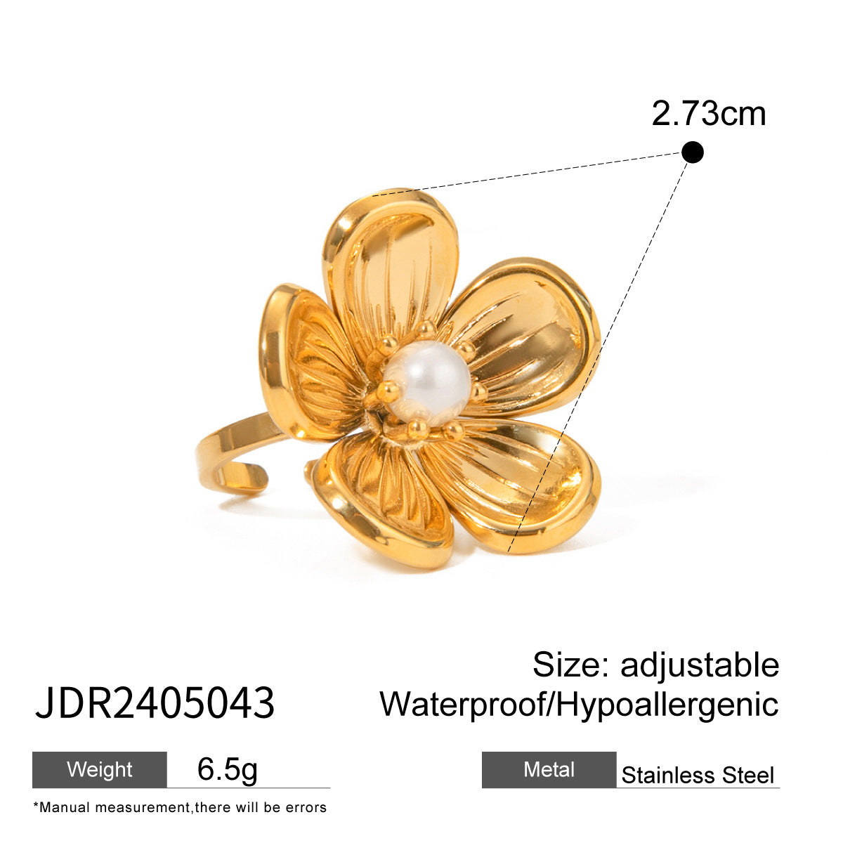 Stainless Steel Flower Pearl Ring Exaggerated High-End Ins Style Titanium Steel Rings Jewelry