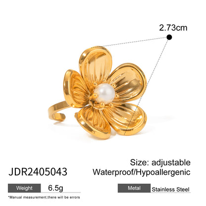 Stainless Steel Flower Pearl Ring Exaggerated High-End Ins Style Titanium Steel Rings Jewelry