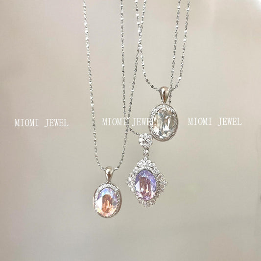 S925 Sterling Silver French Style Brilliant Violet Ice Flower Zircon Necklace Pigeon Egg Oval Pendant Full Diamond