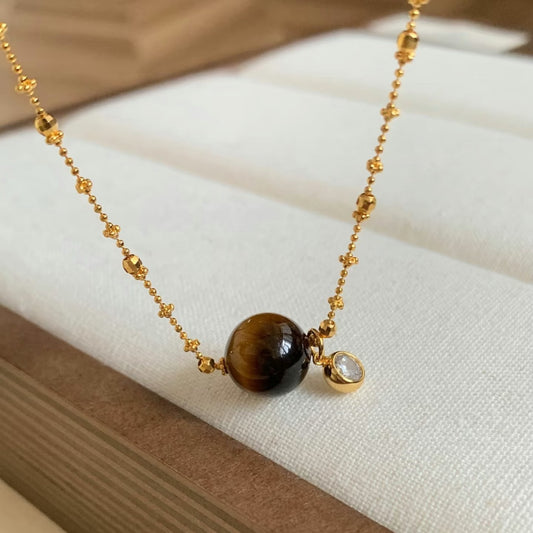 Pure Silver S925 Tiger Eye Stone Fairy Chain Exquisite Vintage Autumn Winter Atmosphere New Sweater Chain High-end Elegant Collarbone Chain