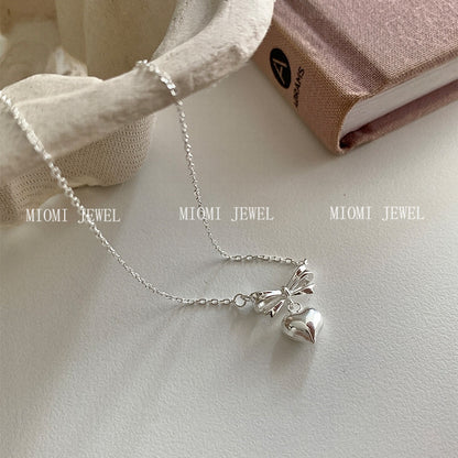 S925 Sterling Silver Niche Design Bowknot Heart Pendant Necklace for Women