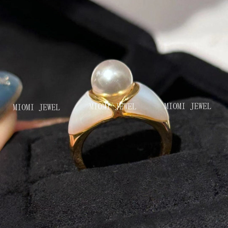 Princess Vintage Style Pearl White Shell Ring S925 Sterling Silver 18K Gold Plated Niche Jewelry