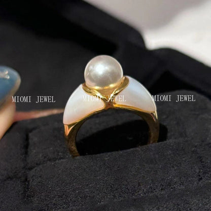 Princess Vintage Style Pearl White Shell Ring S925 Sterling Silver 18K Gold Plated Niche Jewelry