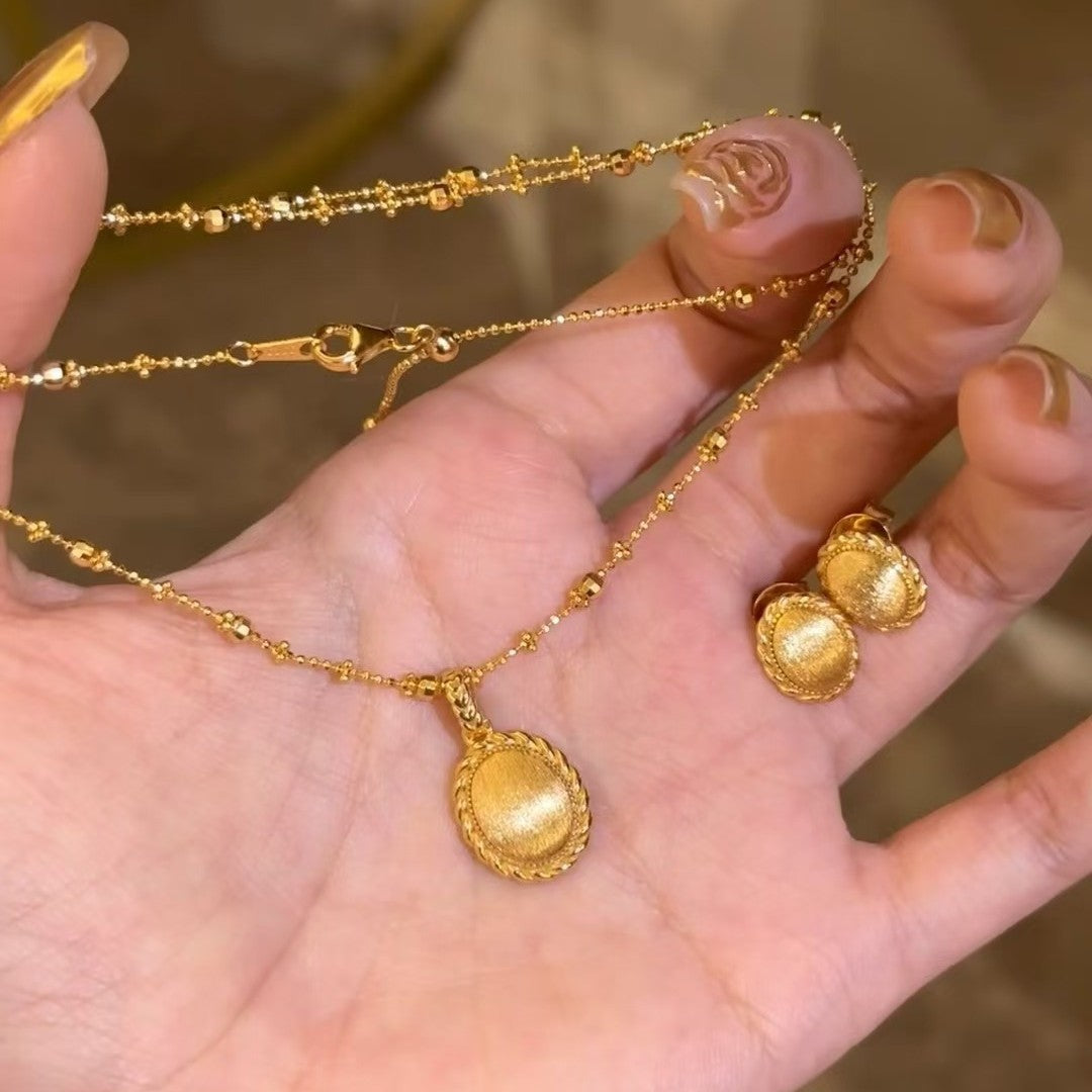 Italian Craft Vintage Style Brushed Wheat Spike Gold Egg Necklace and Earring Set