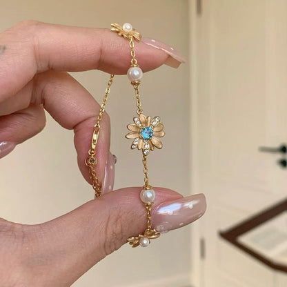 Sterling Silver S925 Brushed Craft Small Daisy Pearl Bracelet Light Luxury Unique Elegant Forest Style Daily Jewelry