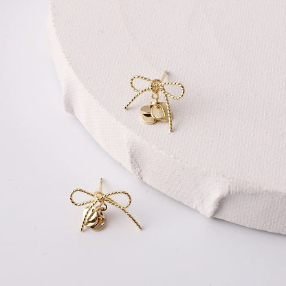 Pure Silver S925 Sweet Cute Bowknot Braided Gold Piece Earrings Versatile Elegant Stud Earrings Niche