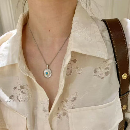 Vintage Brushed Craft Blue Turquoise Daisy Necklace Bracelet Set High-end Unique Personality Design