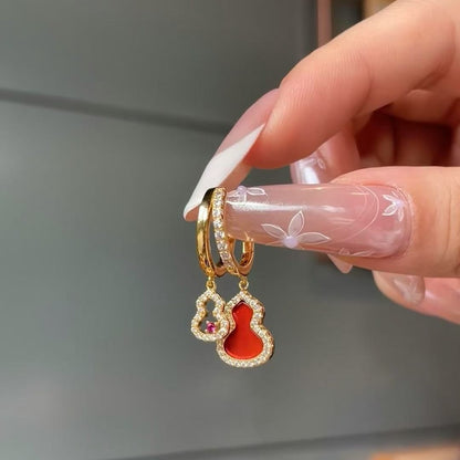 Natural Red Agate Natural White Shell Gourd Fortune Earrings Elegant Light Luxury Versatile Design Sense Niche High-end
