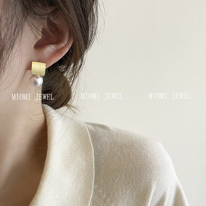 Geometric Square Pearl Stud Earrings for Women 925 Silver French Retro Niche Brushed Ear Jewelry