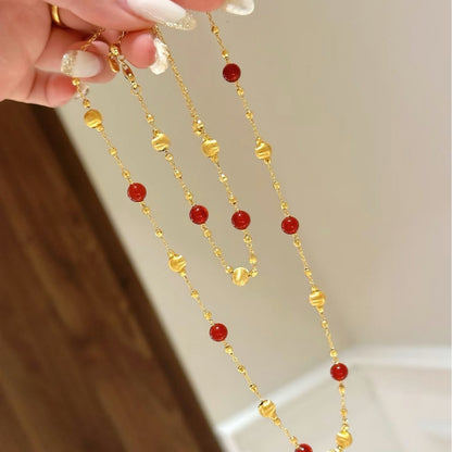 Sterling Silver S925 French Retro Laser Cat's Eye Red Agate Necklace Bracelet Set Fashion Light Luxury Layered Collarbone Chain