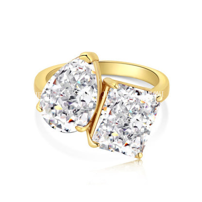 S925 Sterling Silver Double Main Stone Ice Flower Cut Ring for Women Inlaid with High Carbon Diamond Zircon European and American High-end Fashion Wedding Ring