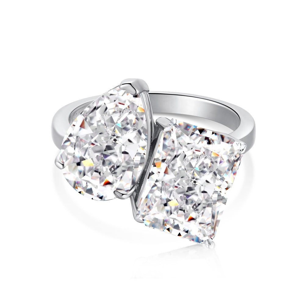 S925 Sterling Silver Double Main Stone Ice Flower Cut Ring for Women Inlaid with High Carbon Diamond Zircon European and American High-end Fashion Wedding Ring