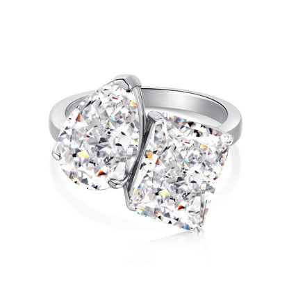 S925 Sterling Silver Double Main Stone Ice Flower Cut Ring for Women Inlaid with High Carbon Diamond Zircon European and American High-end Fashion Wedding Ring