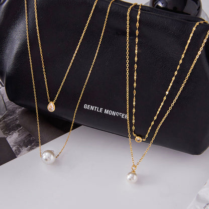 Titanium Steel Imitation Pearl Necklace Light Luxury High-end Clavicle Chain Stainless Steel Jewelry Zircon Jewelry
