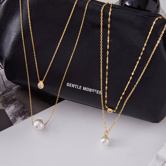 Titanium Steel Imitation Pearl Necklace Light Luxury High-end Clavicle Chain Stainless Steel Jewelry Zircon Jewelry