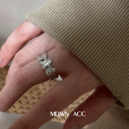Korean Version Pure Silver S925 Ring for Women Gingerbread Man Cartoon Pattern Ins Style Minimalist Adjustable Open Ring