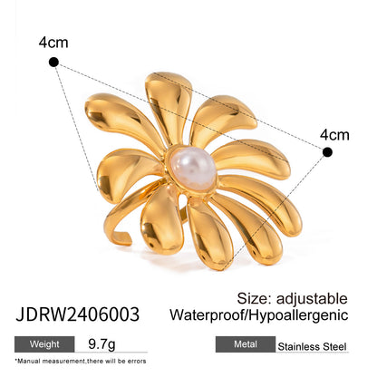 Stainless Steel Flower Pearl Ring Exaggerated High-End Ins Style Titanium Steel Rings Jewelry