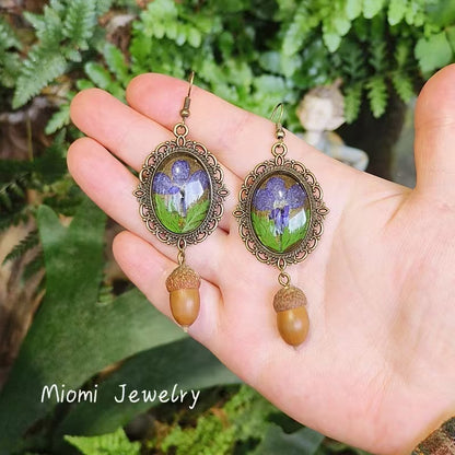 Forest-Style  Handmade Vintage Mori Girl Fresh Minimalist Court Lace Earrings with Real Preserved Flowers