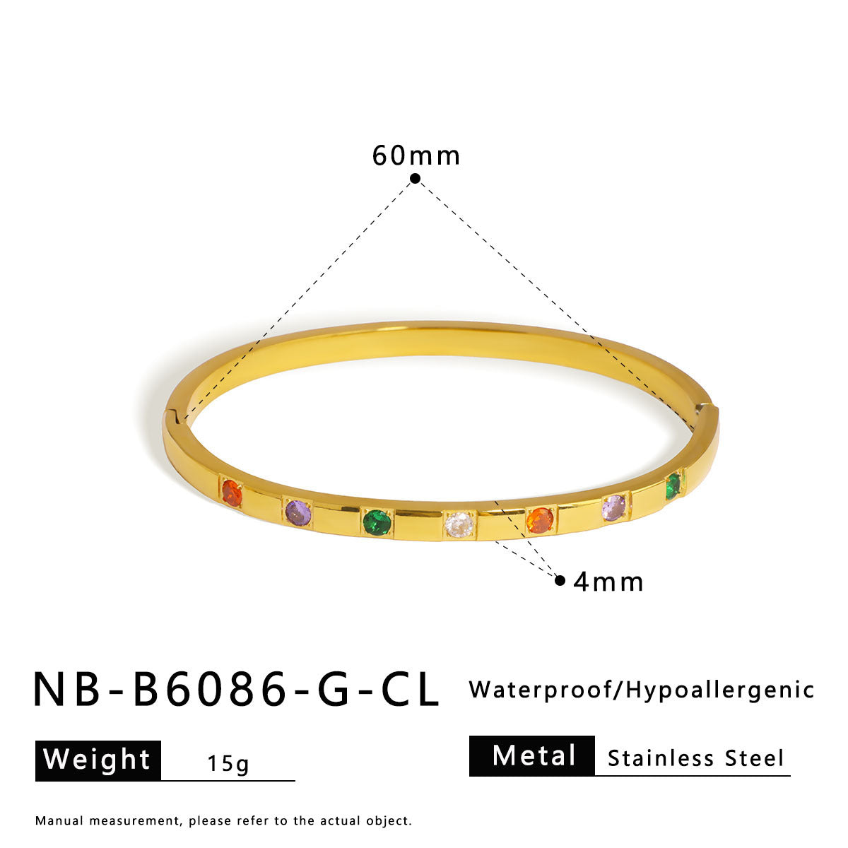 Hot-Selling Zircon Heart-Shaped Quadrilateral Geometric White Zircon Green Zircon Titanium Steel Real Gold Plated Color-Retaining Jewelry Bracelet