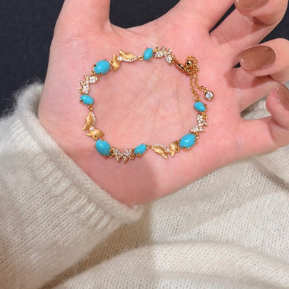 Pure Silver S925 Brushed Craft Blue Turquoise Butterfly Bracelet Vintage Court Style Light Luxury Niche High-end Versatile