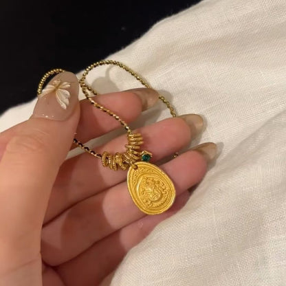 Sterling Silver s925Black Gold Yellow God of Wealth Leather Cord Necklace Niche Design Sense Simple Elegant Fashion National Style Fashion Necklace