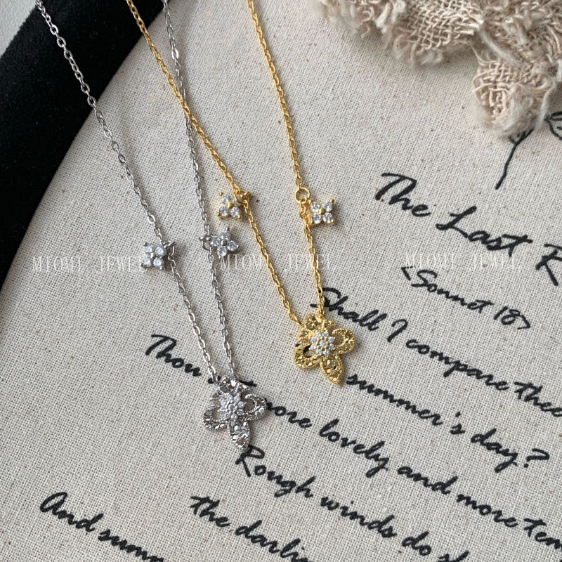 S925 Sterling Silver Iris Broken Ice Necklace for Women Vintage Mid-Century Style Light Luxury Niche Design Collarbone Chain