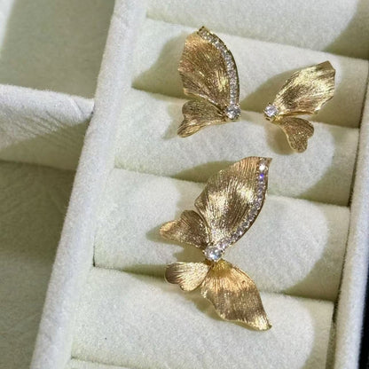 Sterling Silver s925French Retro Brushed Butterfly Necklace and Earring Set Niche Zircon Collarbone Chain