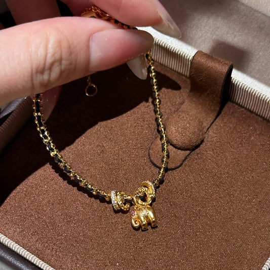 Pure Silver S925 Elephant Braided Black Gold Red Rope Bracelet Design Small Waist Bracelet Vintage Hand Jewelry Light Luxury Versatile