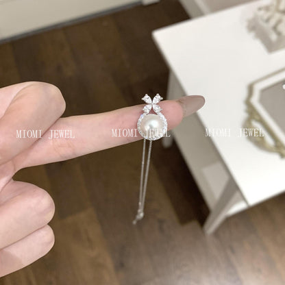 S925 Sterling Silver Natural Freshwater Pearl Bow Necklace French Style Ultra Sparkling Zircon Flower Collarbone Chain for Women