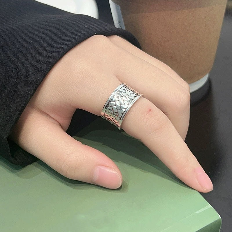 Sterling Silver S925 Shiny Braided Wide Ring Vintage Men Women 925 Sterling Silver Fashion Simple Braided Index Finger Ring