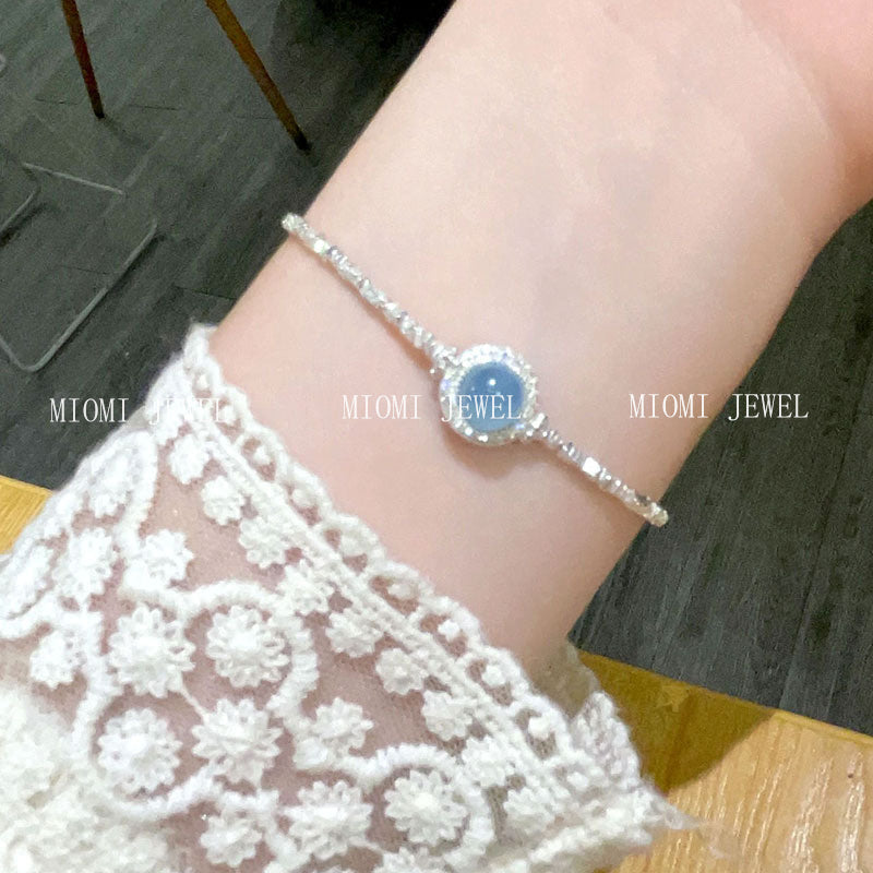 S925 Sterling Silver Natural Aquamarine Broken Silver Bracelet for Women, Ins Style, Fresh and Sweet, Simple Ice Crack Texture Bracelet