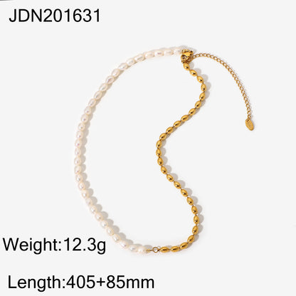 INS Half Freshwater Pearl Half 18K Gold Plated Bead Ball Simple Stainless Steel Jewelry Short Necklace Trendy Accessories for Women
