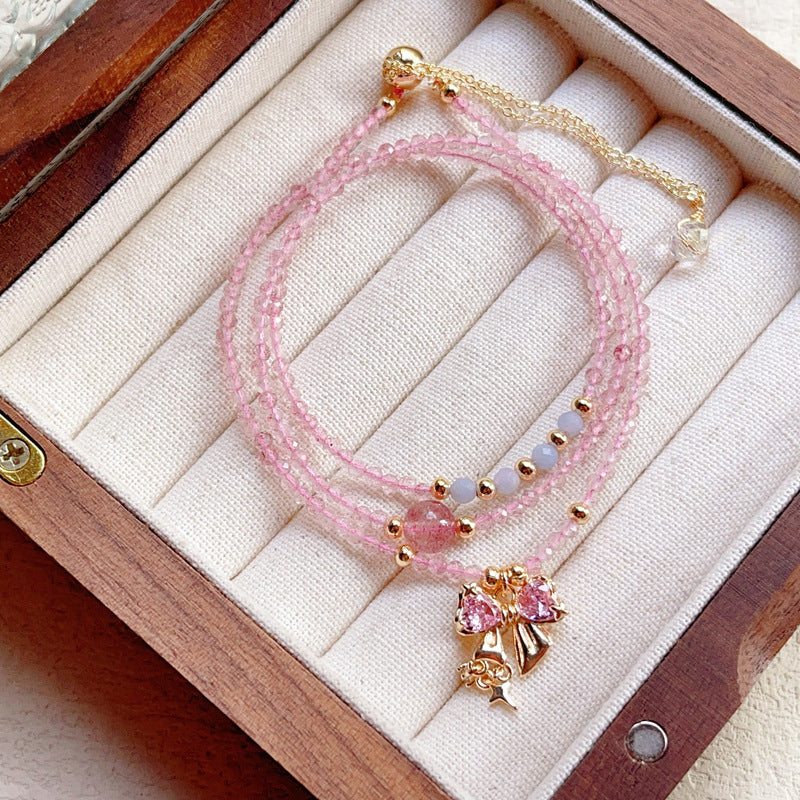 Natural Faceted Strawberry Quartz with Aquamarine Multi-layer Three-circle Bracelet and Necklace Dual-use