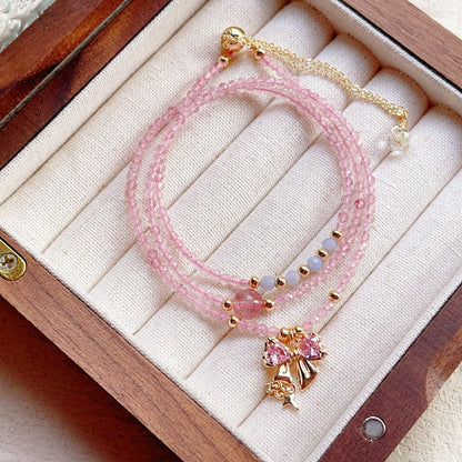 Natural Faceted Strawberry Quartz with Aquamarine Multi-layer Three-circle Bracelet and Necklace Dual-use