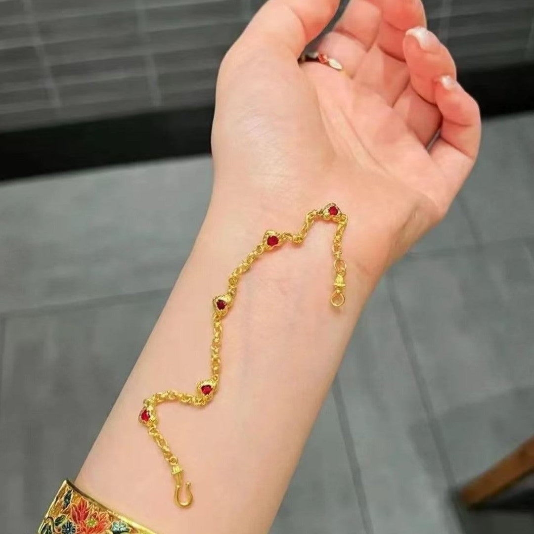 Pure Silver SS925 Ancient Hammered Heart Red Gem Bracelet Ancient High-End French Court Style Bracelet